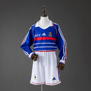 France 1998 Home Retro Long Sleeve Kids Kit Jersey Size 16-28